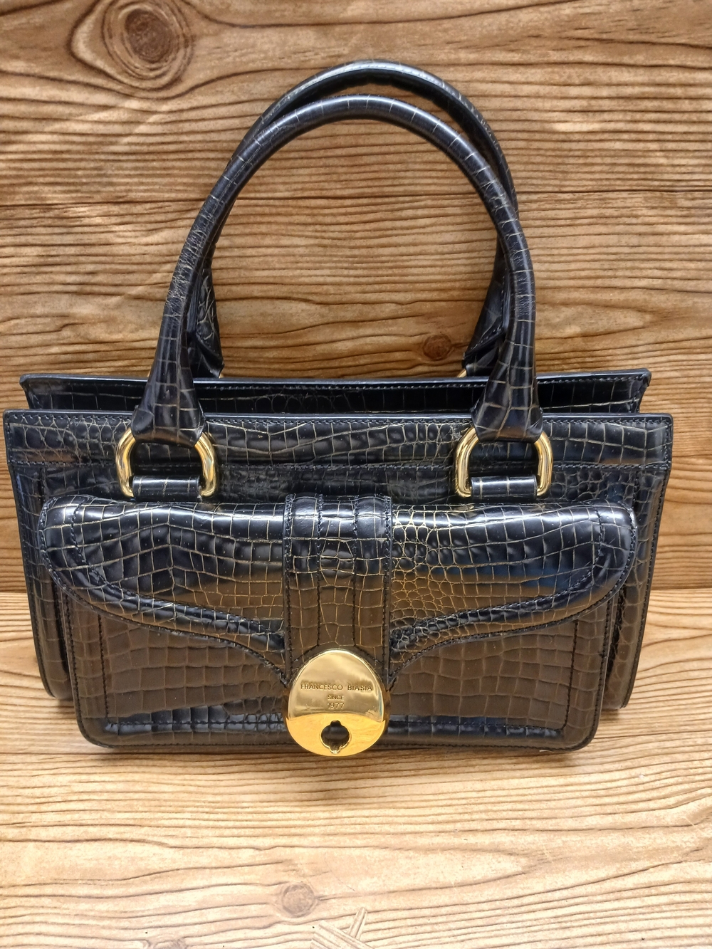 Francesco Biasia Black Croc-Embossed Top-Handle Satchel with Gold Lock